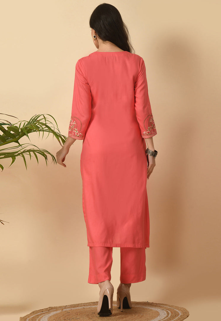 Pink Cotton Rayon Kurta Set With Pent