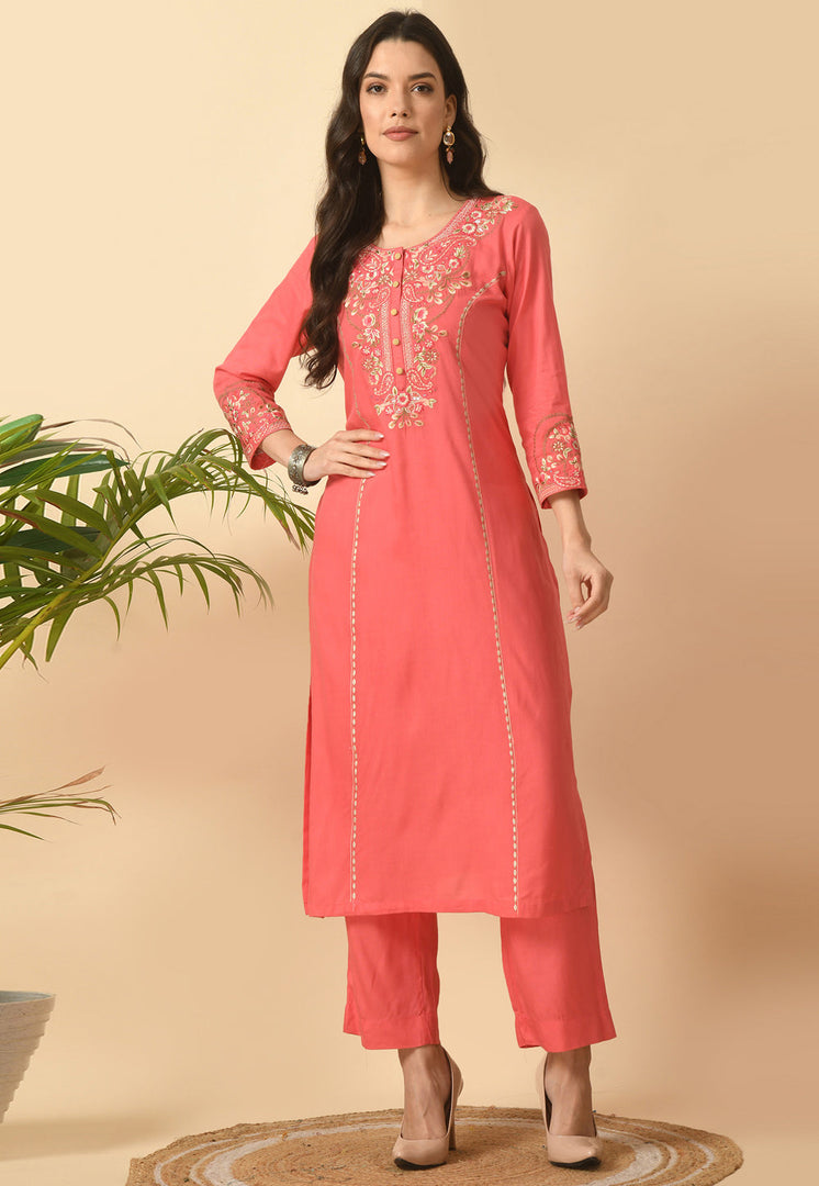 Pink Cotton Rayon Kurta Set With Pent