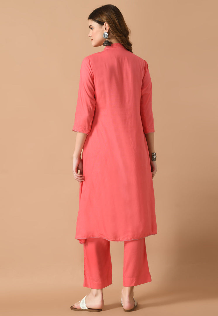 Pink Cotton Rayon Kurta Set With Pent