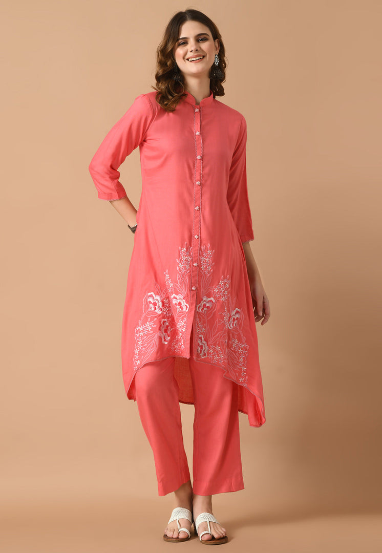 Pink Cotton Rayon Kurta Set With Pent