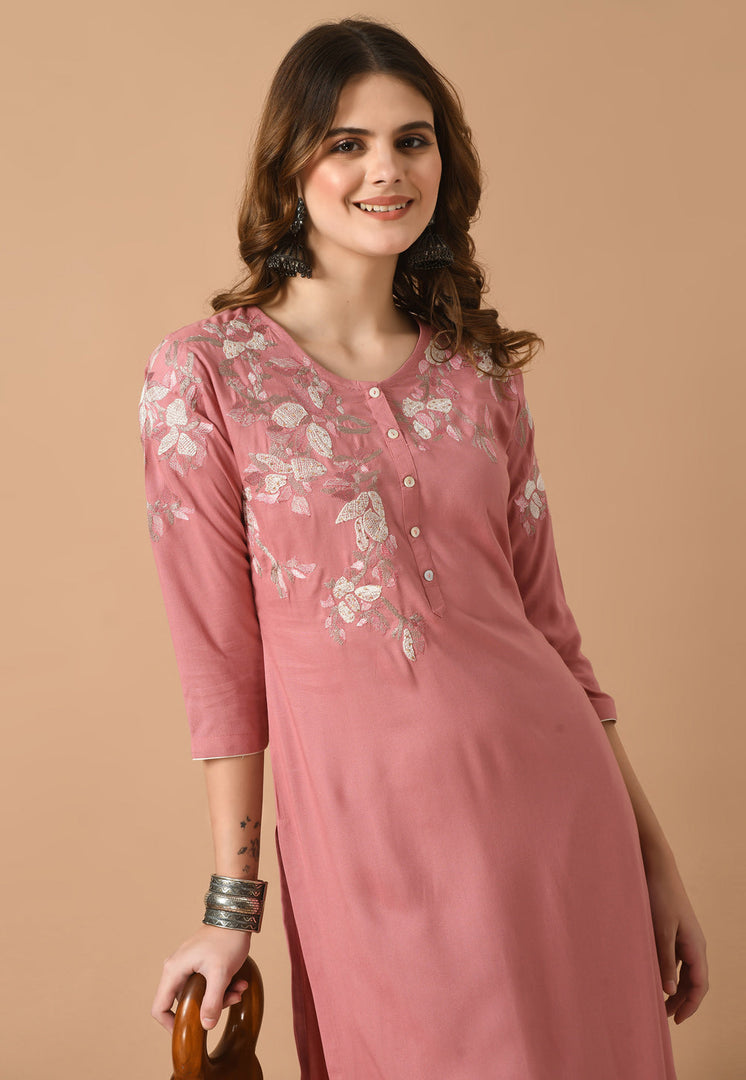 Pink Cotton Rayon Kurta Set With Pent