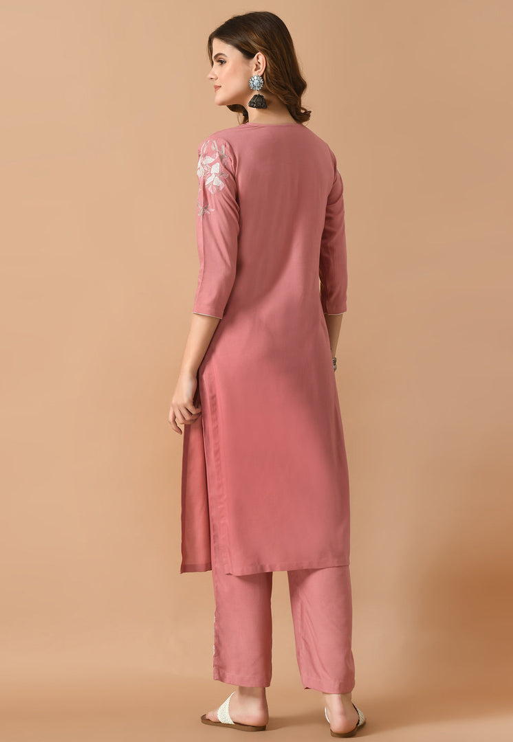 Pink Cotton Rayon Kurta Set With Pent
