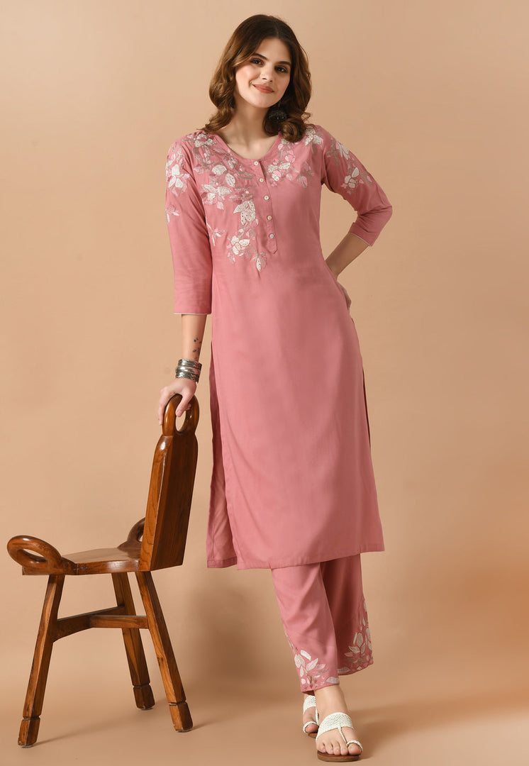 Pink Cotton Rayon Kurta Set With Pent