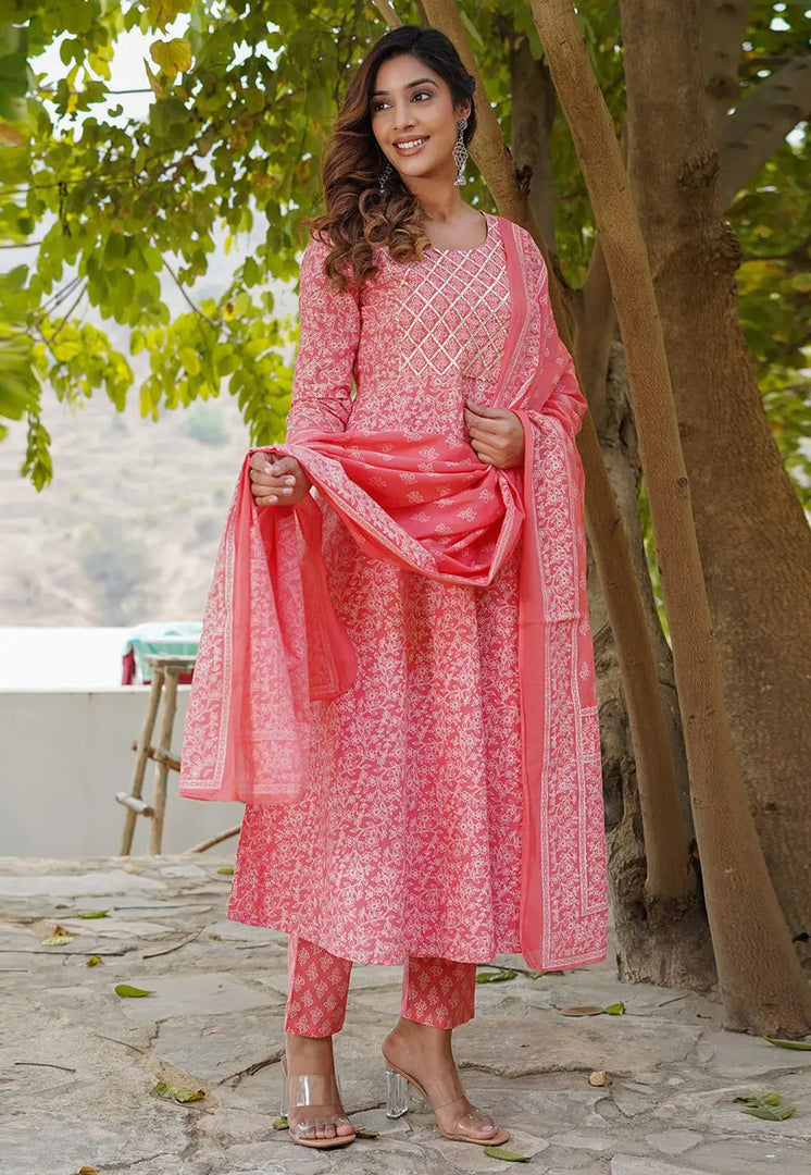 Pink Cotton Readymade Anarkali Suit