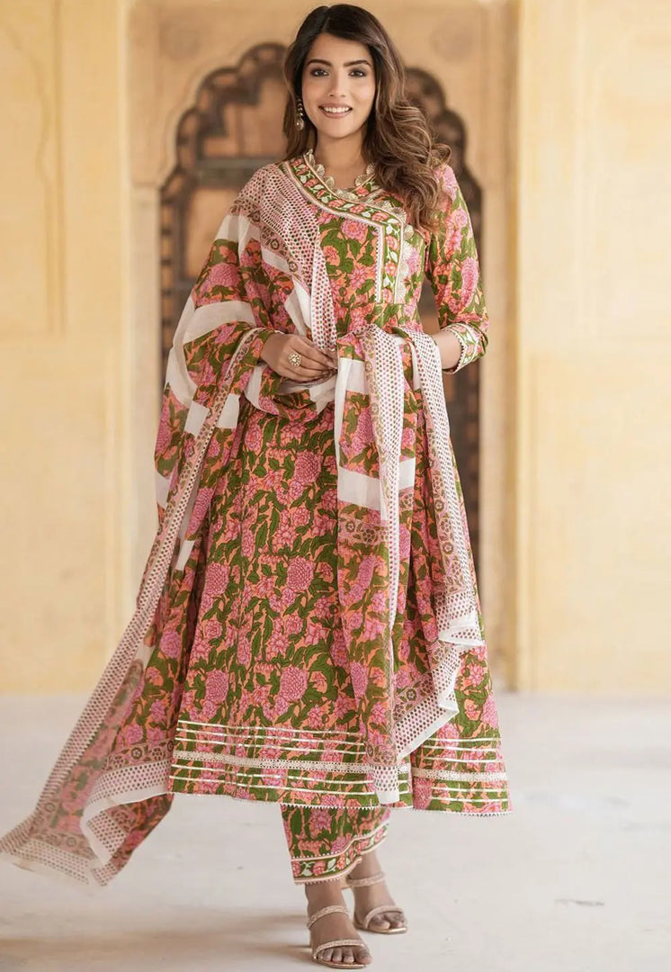 Pink Cotton Readymade Anarkali Suit
