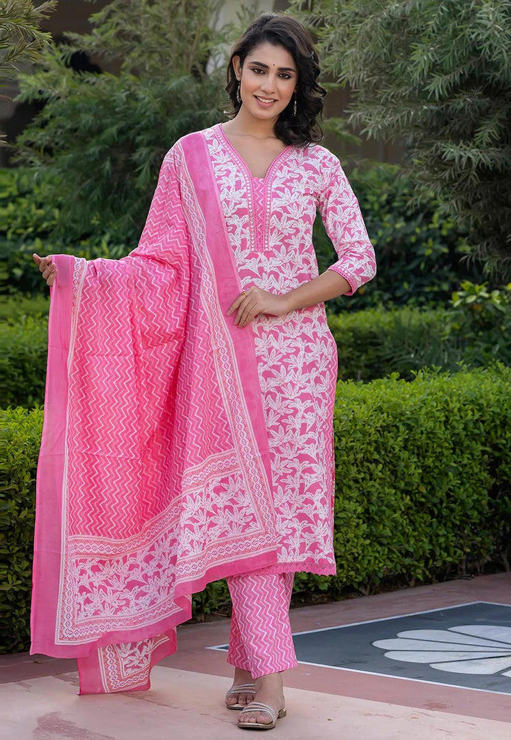 Pink Cotton Readymade Pakistani Suit