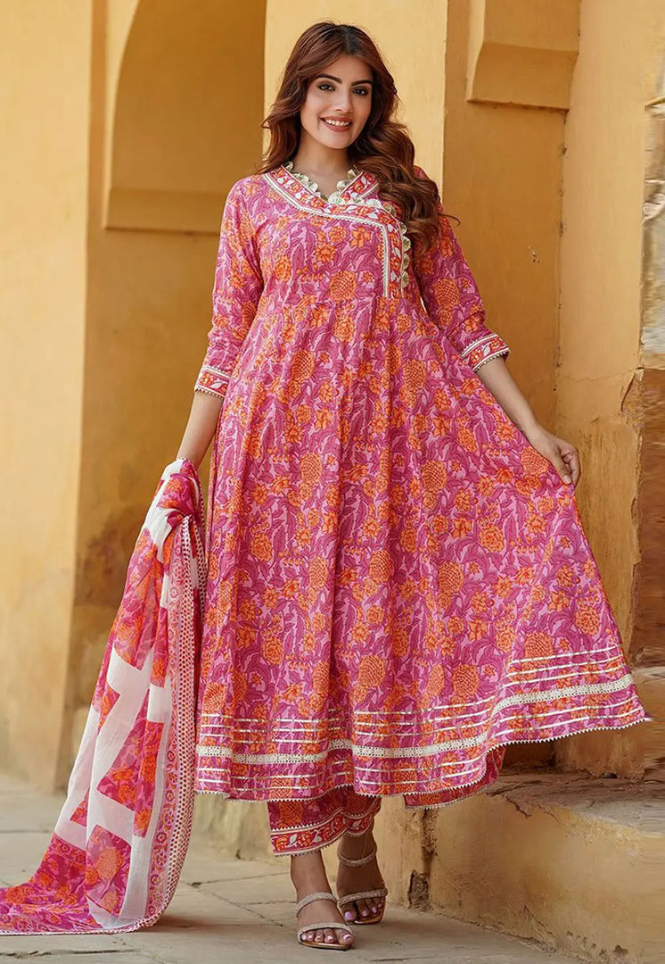 Pink Cotton Readymade Pant Style Suit