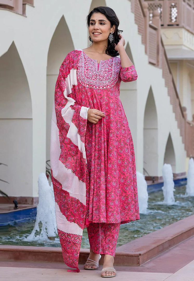 Pink Cotton Readymade Pant Style Suit