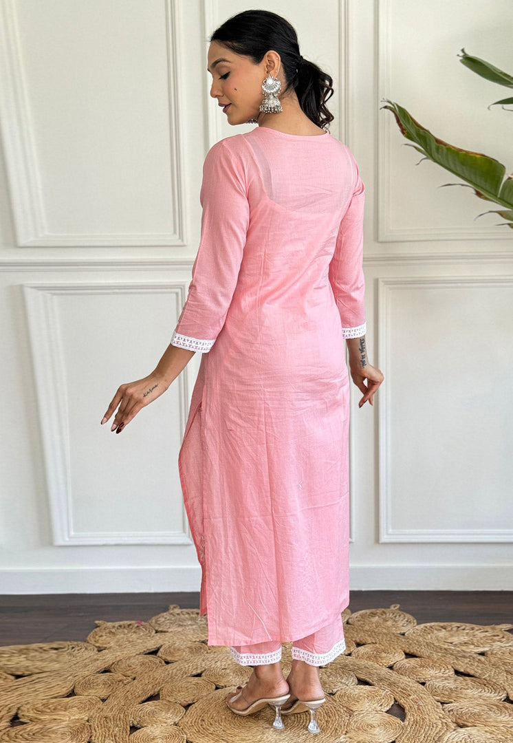Pink Cotton Readymade Pant Style Suit
