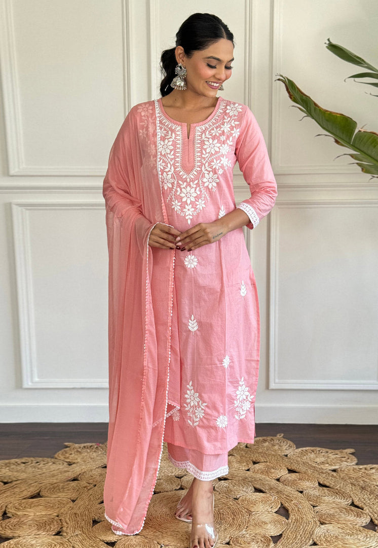 Pink Cotton Readymade Pant Style Suit