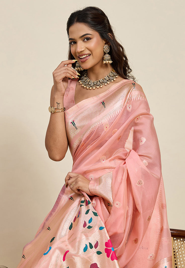 Peach Cotton Silk Paithani Saree