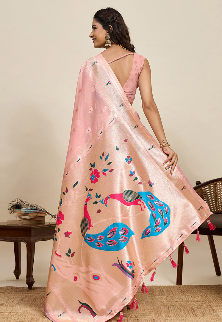 Peach Cotton Silk Paithani Saree