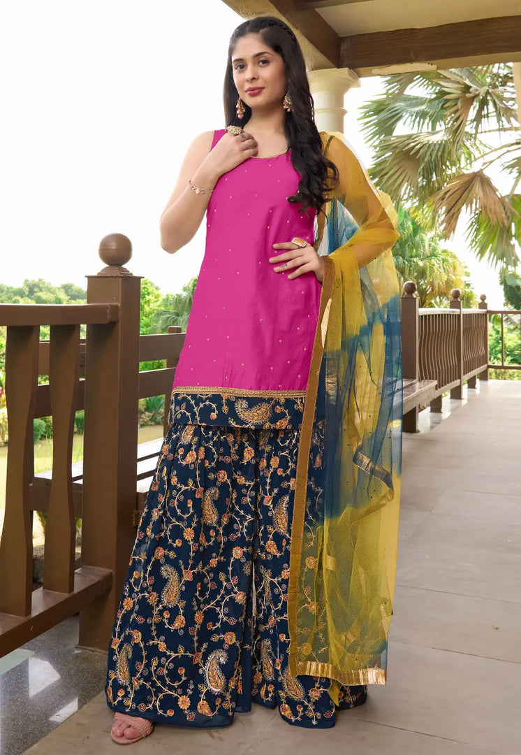 Pink Cotton Silk Readymade Sharara Suit