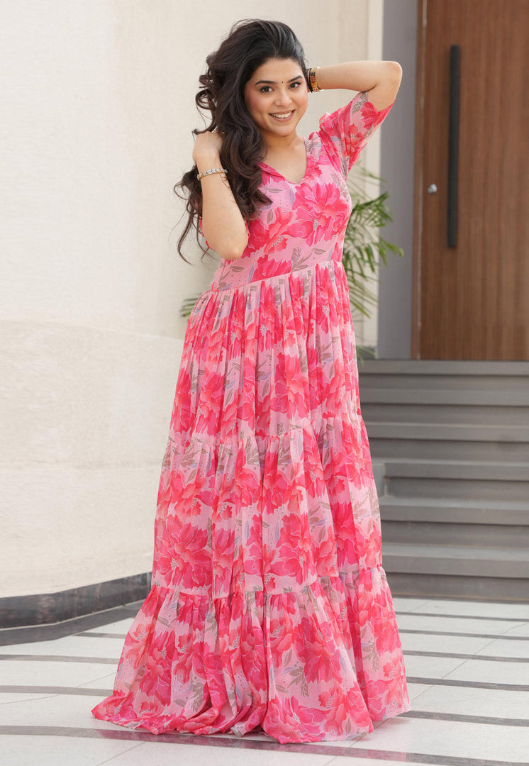 Pink Faux Georgette Printed Gown
