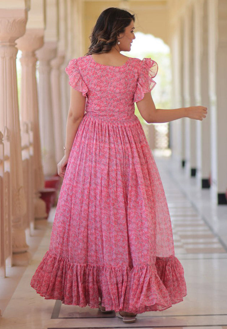 Pink Faux Georgette Printed Gown