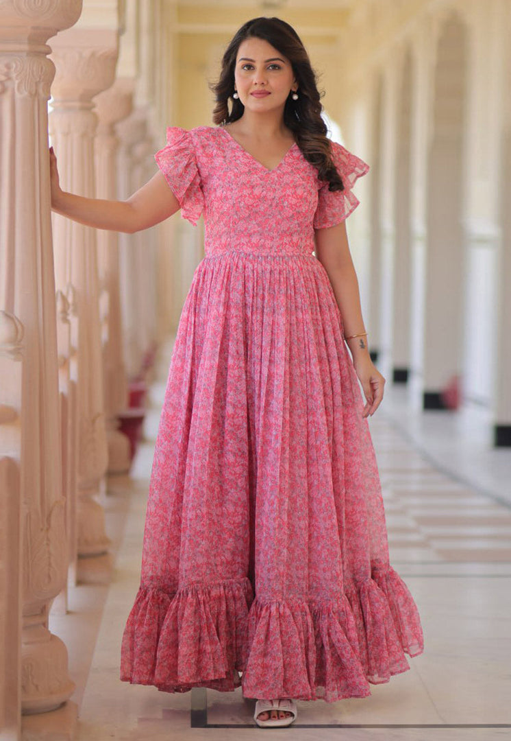 Pink Faux Georgette Printed Gown