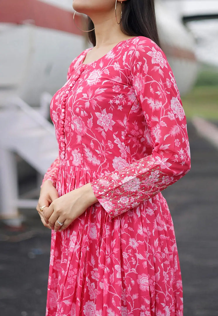Pink Faux Georgette Printed Gown