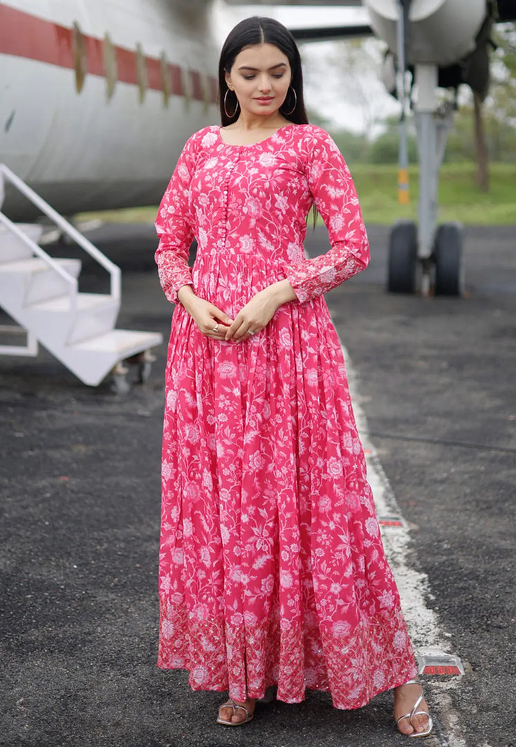 Pink Faux Georgette Printed Gown