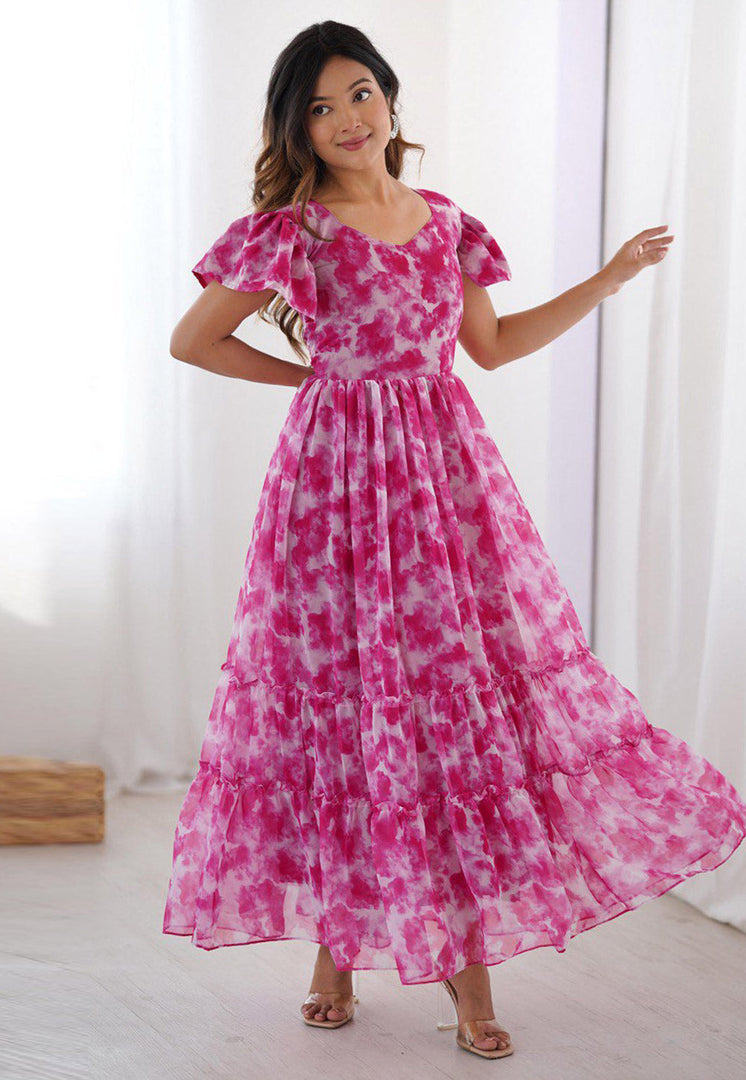 Pink Faux Georgette Printed Gown