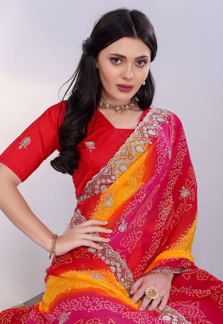 Pink Georgette Bandhani Print Saree
