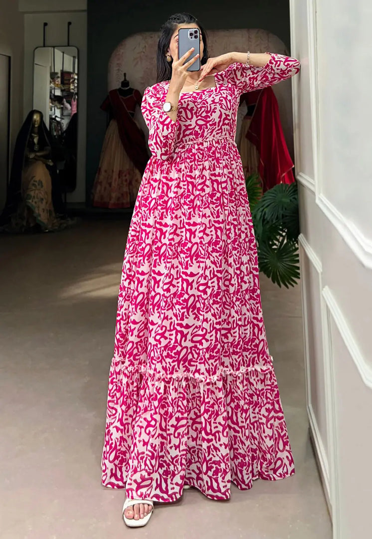 Pink Georgette Printed Gown