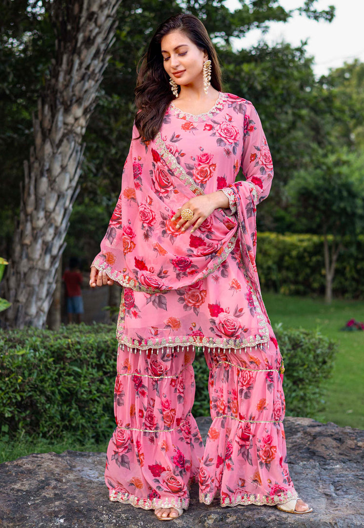 Pink Georgette Readymade Gharara Suit
