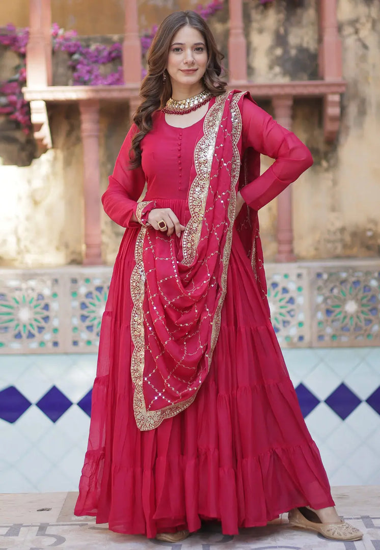 Pink Georgette Readymade Long Anarkali Suit