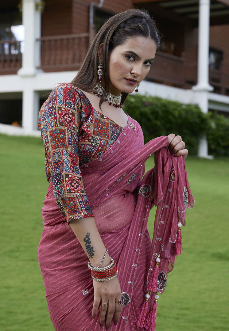 Pink Georgette Saree With Blouse