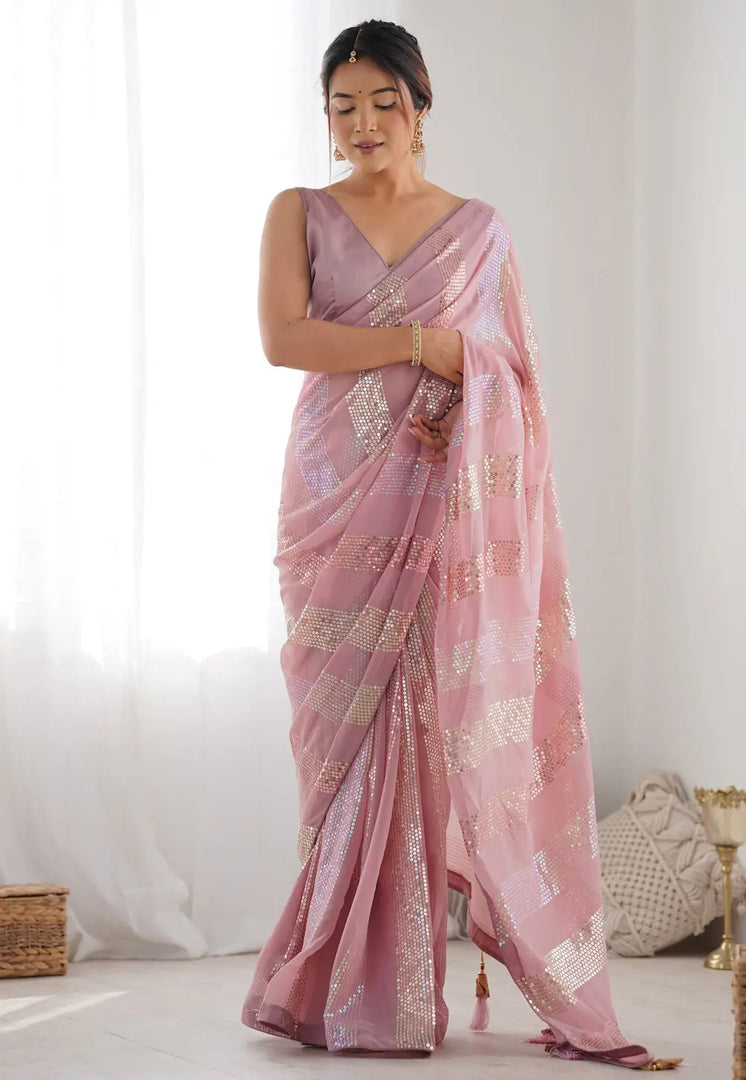 Pink Georgette Sequence Saree