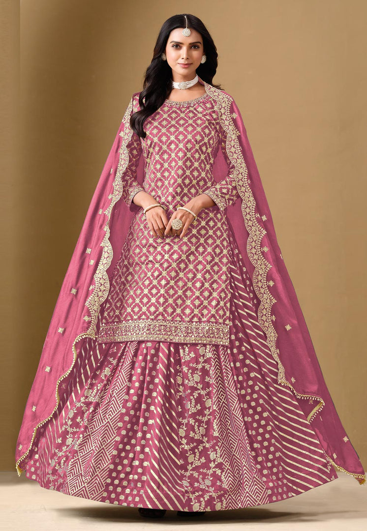 Pink Jacquard Indo Western Lehenga Choli