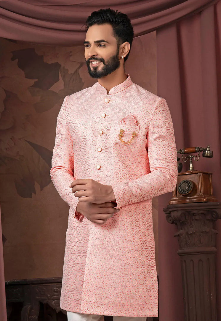 Pink Jacquard Indo Western Sherwani