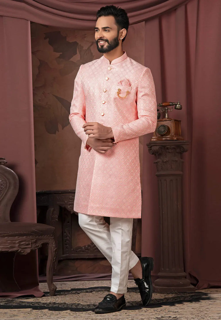 Pink Jacquard Indo Western Sherwani