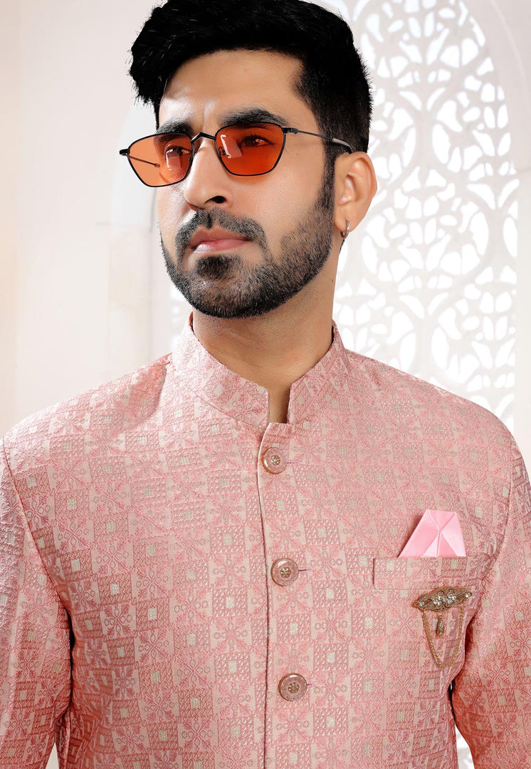 Pink Jacquard Indo Western Suit