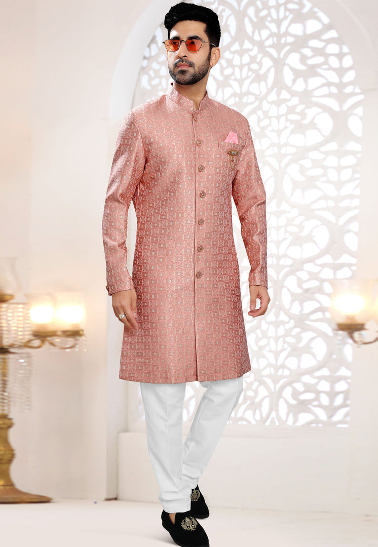 Pink Jacquard Indo Western Suit