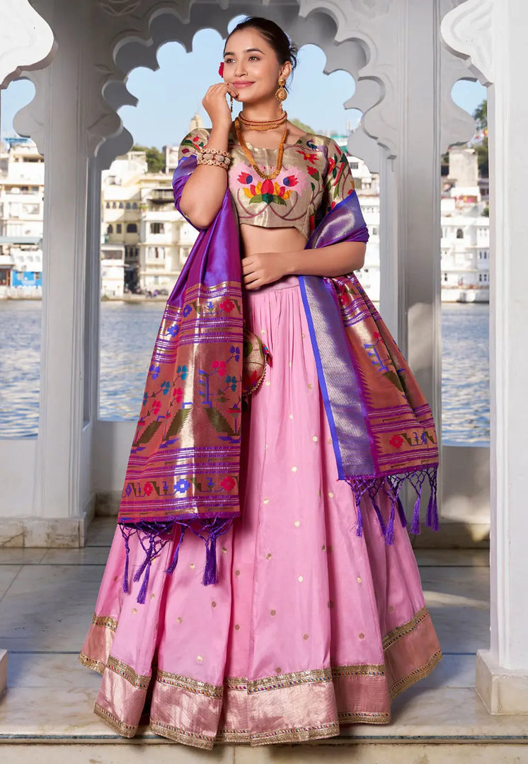 Pink Jacquard Silk Circular Lehenga Choli