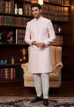 Load image into Gallery viewer, Pink Jacquard Silk Indo Western Sherwani
