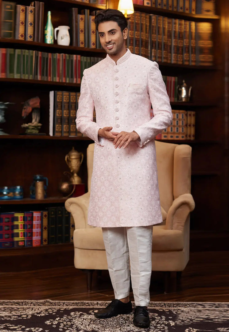 Pink Jacquard Silk Indo Western Sherwani