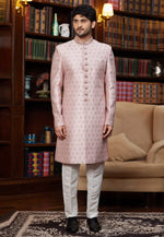 Load image into Gallery viewer, Pink Jacquard Silk Indo Western Sherwani
