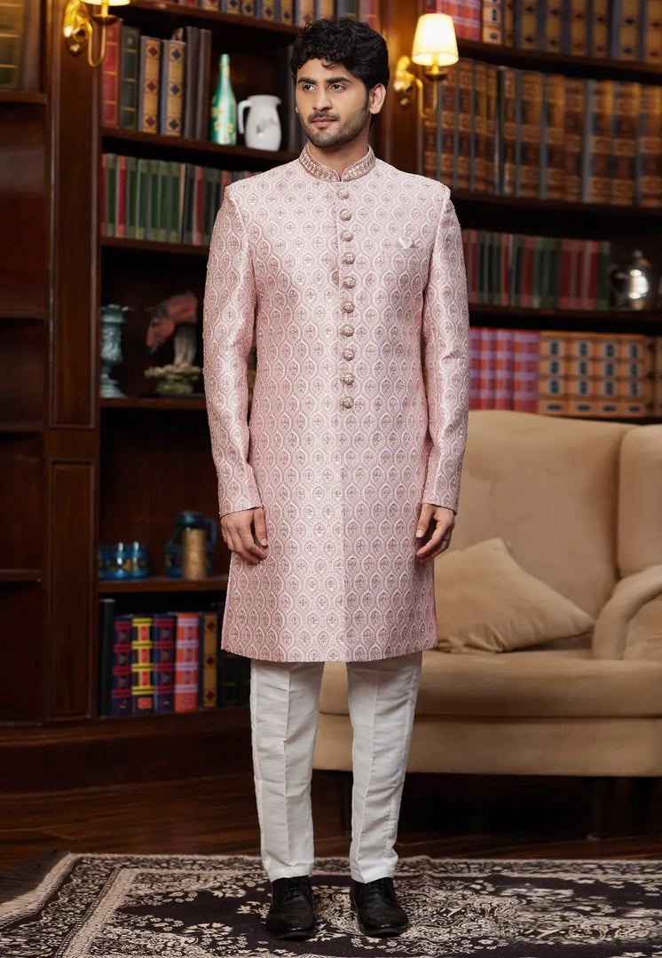 Pink Jacquard Silk Indo Western Sherwani