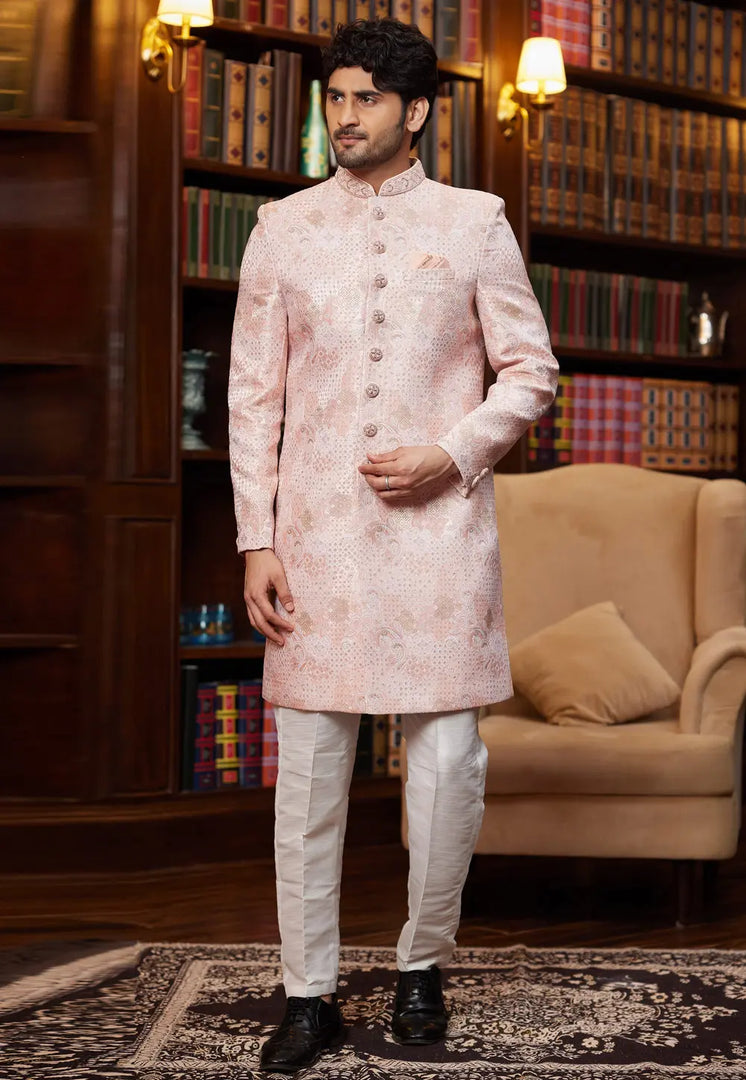 Pink Jacquard Silk Indo Western Sherwani