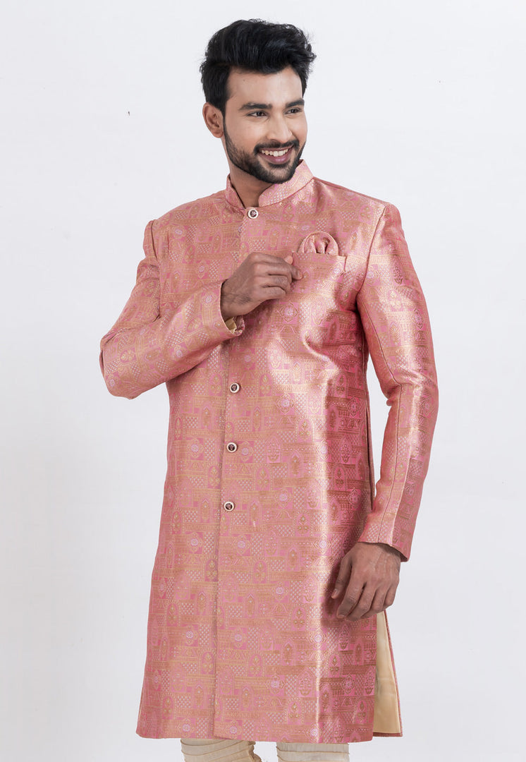 Pink Jacquard Silk Indo Western Suit