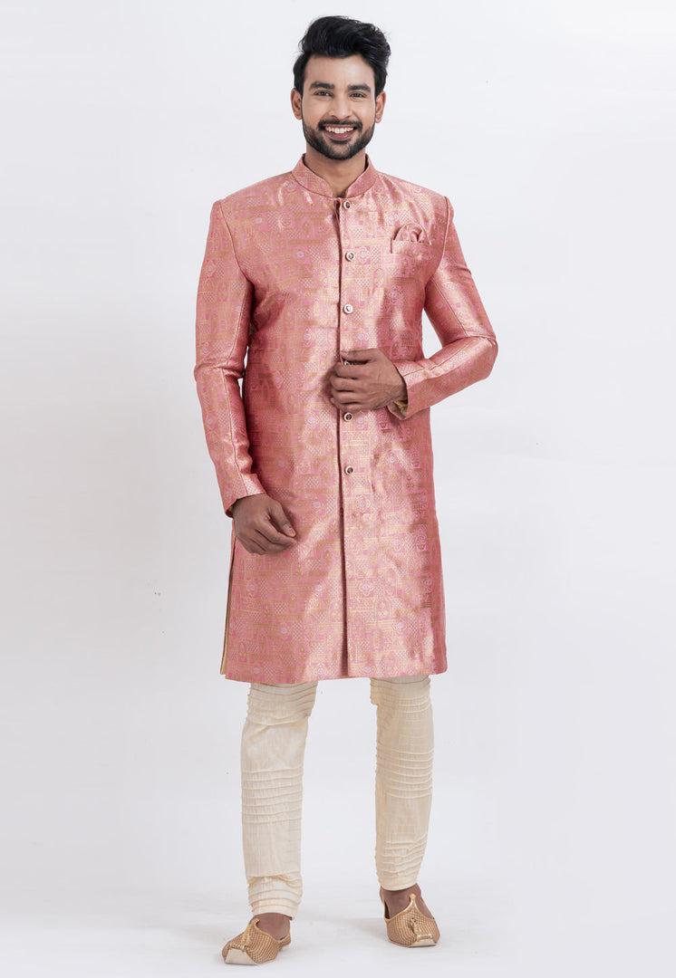 Pink Jacquard Silk Indo Western Suit