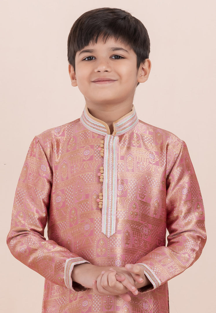 Pink Jacquard Silk Kids Kurta Pajama