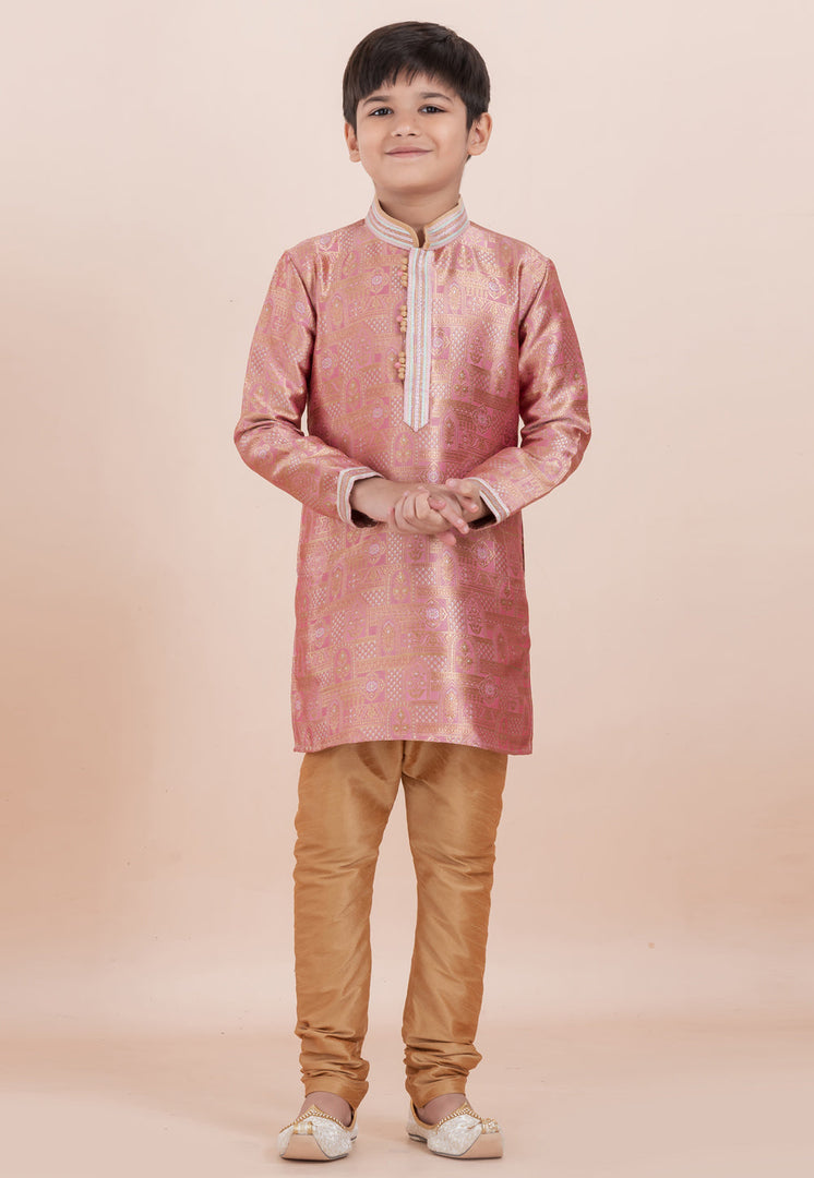 Pink Jacquard Silk Kids Kurta Pajama