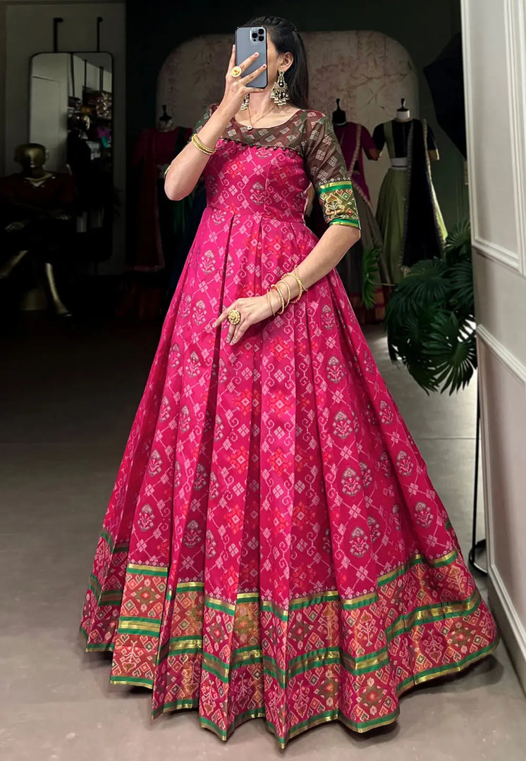 Pink Jacquard Silk Printed Gown