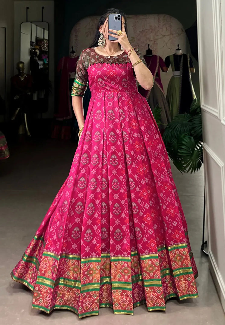 Pink Jacquard Silk Printed Gown