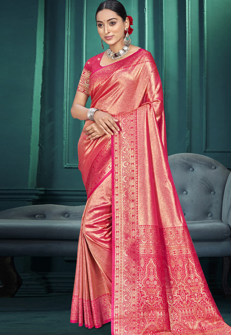 Pink Kanjivaram Silk Saree With Blouse