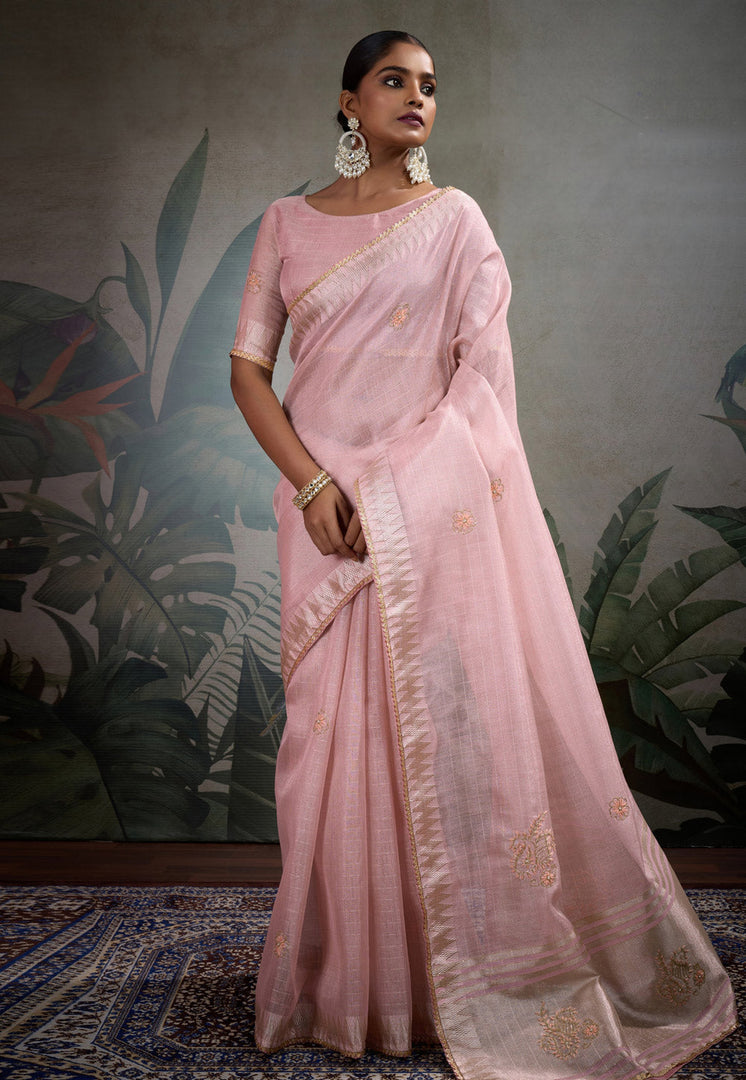Pink Linen Saree With Blouse