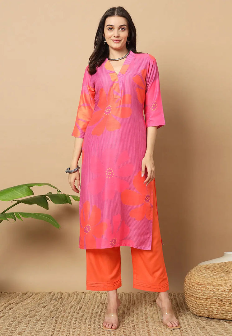Pink Muslin Kurta Set With Palazzo
