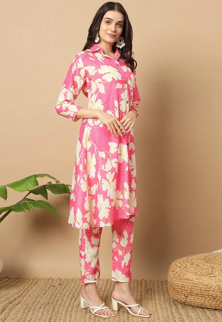 Pink Muslin Kurta Set With Pent